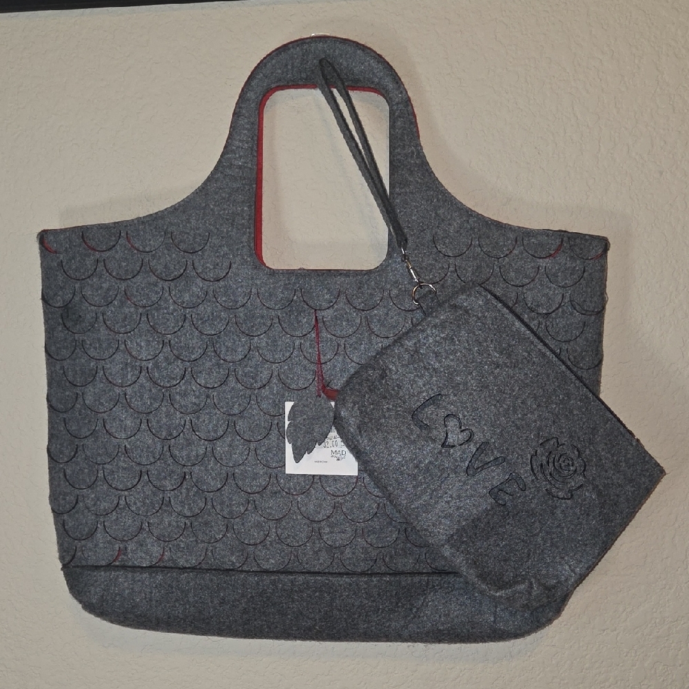 Women Gray Tote Bag With Matching Wristlet Felt Tote Bag